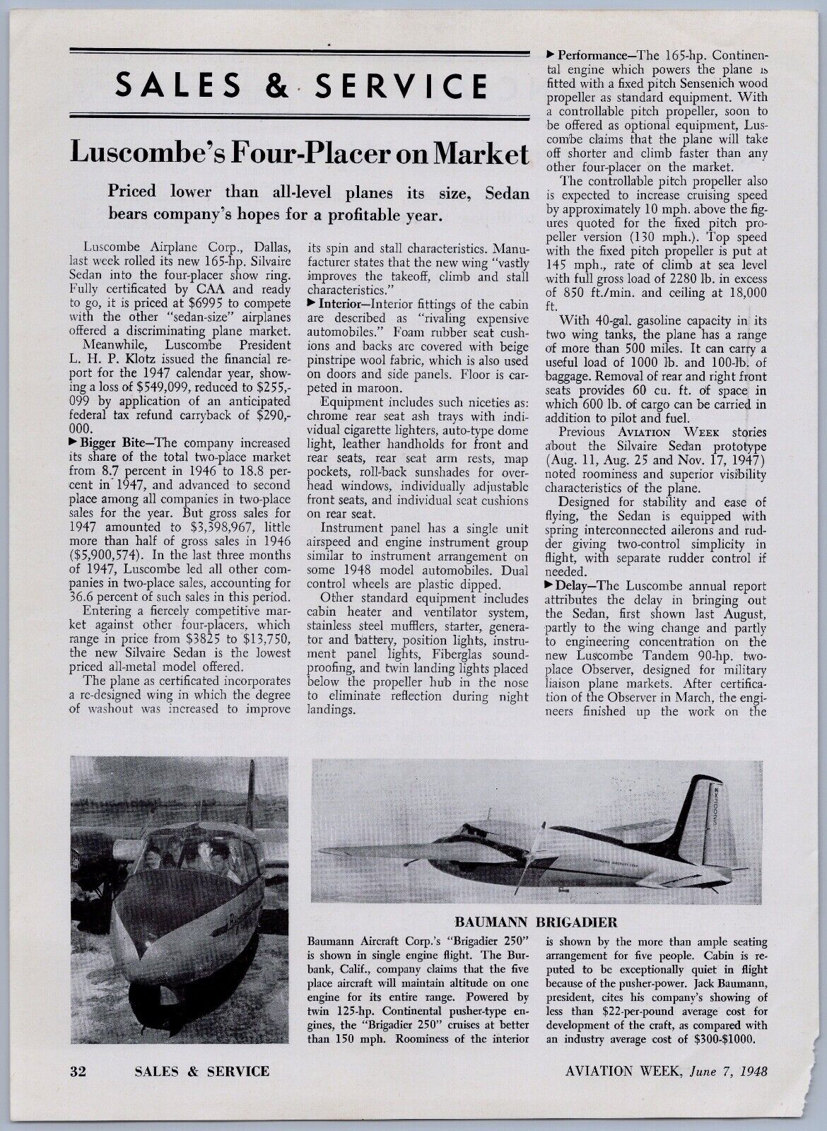 1948 Aviation Article - Baumann Aircraft Brigadier 250 Personal Airplane Burbank