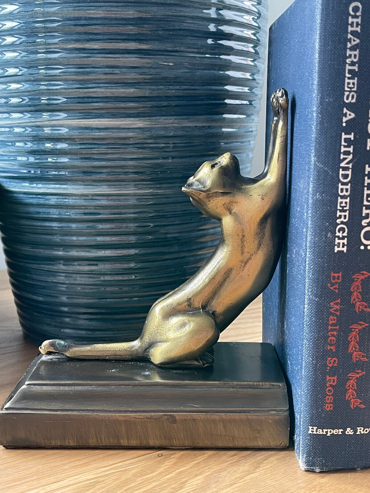 Vintage Stretching Cat Art Deco Bronze Playful Bookend - Single