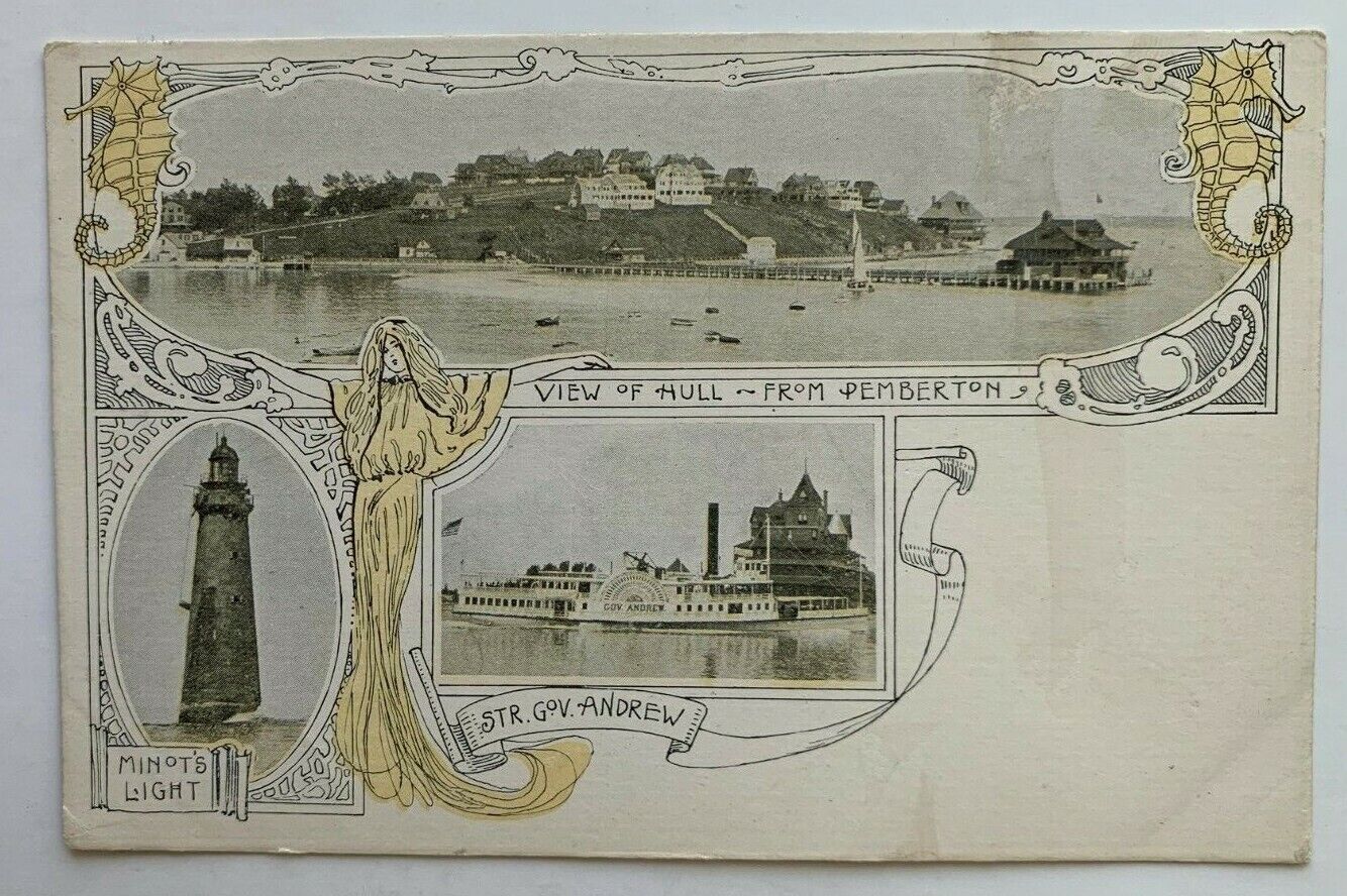 c1900s MA Postcard View of Hull Steamer Gov Andrew Minot\'s lighthouse multi-view