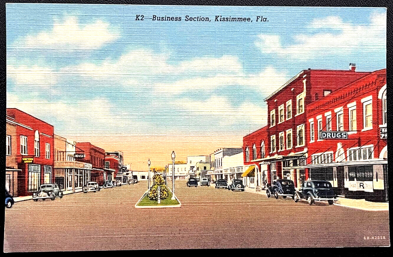 KISSIMMEE FLORIDA 1930 Unused Antique Linen Postcard Downtown Business District