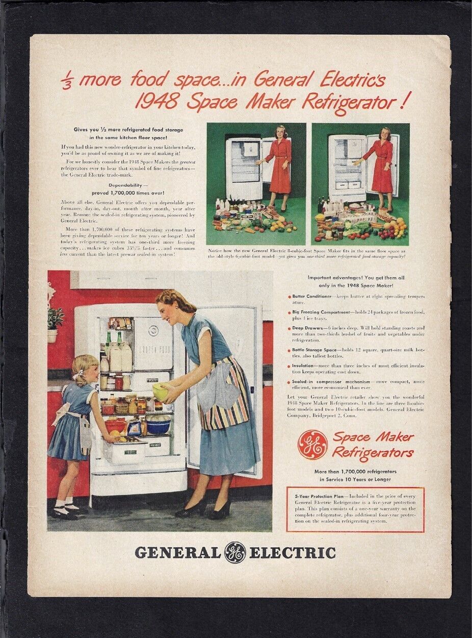 1948 GE General Electric REFRIGERATOR Print Ad \
