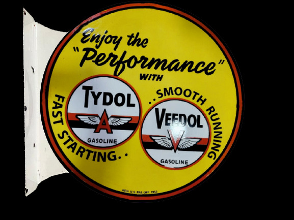 PORCELIAN TYDOL VEEDOL ENAMEL SIGN SIZE 30 INCHES DOUBLE SIDED WITH FLANGE
