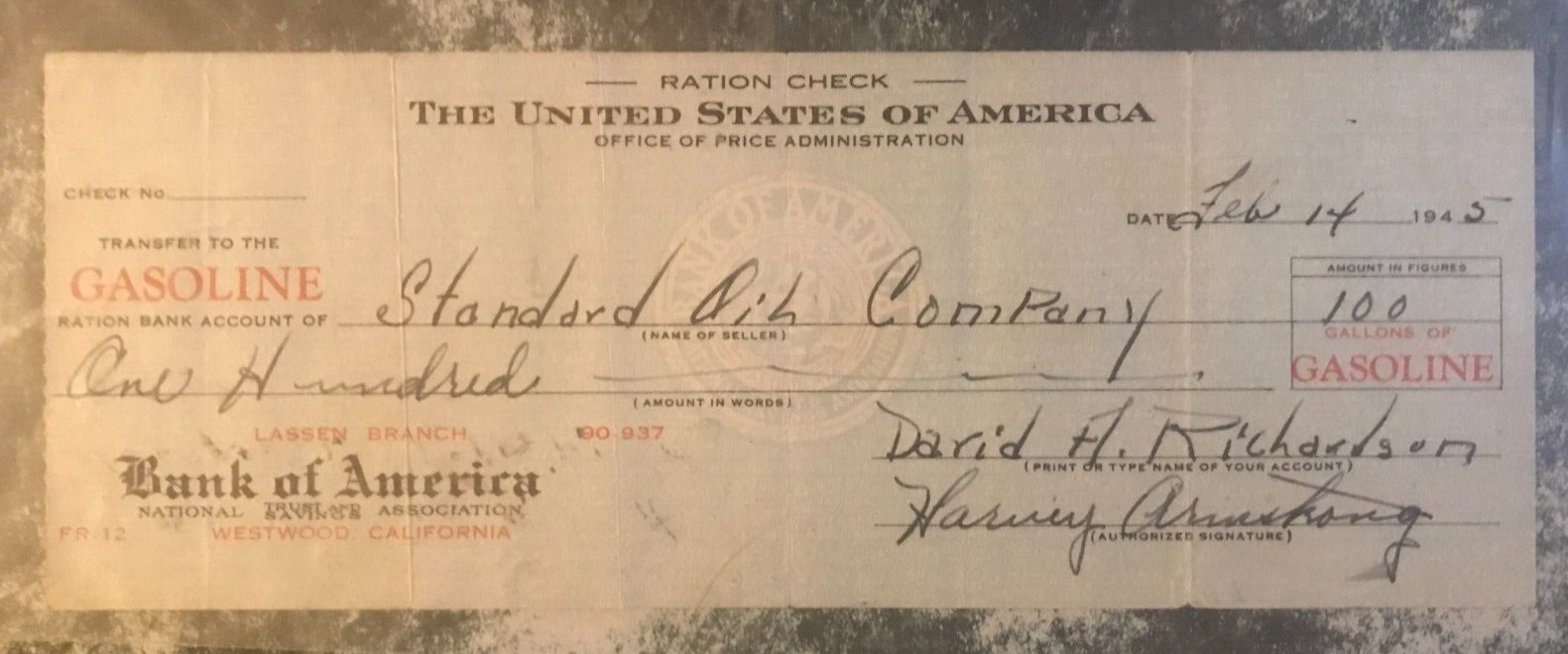 1945 U.S.  Gasoline Ration Bank Check to Standard Oil  Co. for 100 gallons