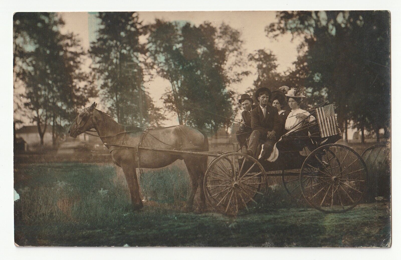 RPPC Horse and Buggy People Flag Hand Colored Real Photo Postcard Divided Back