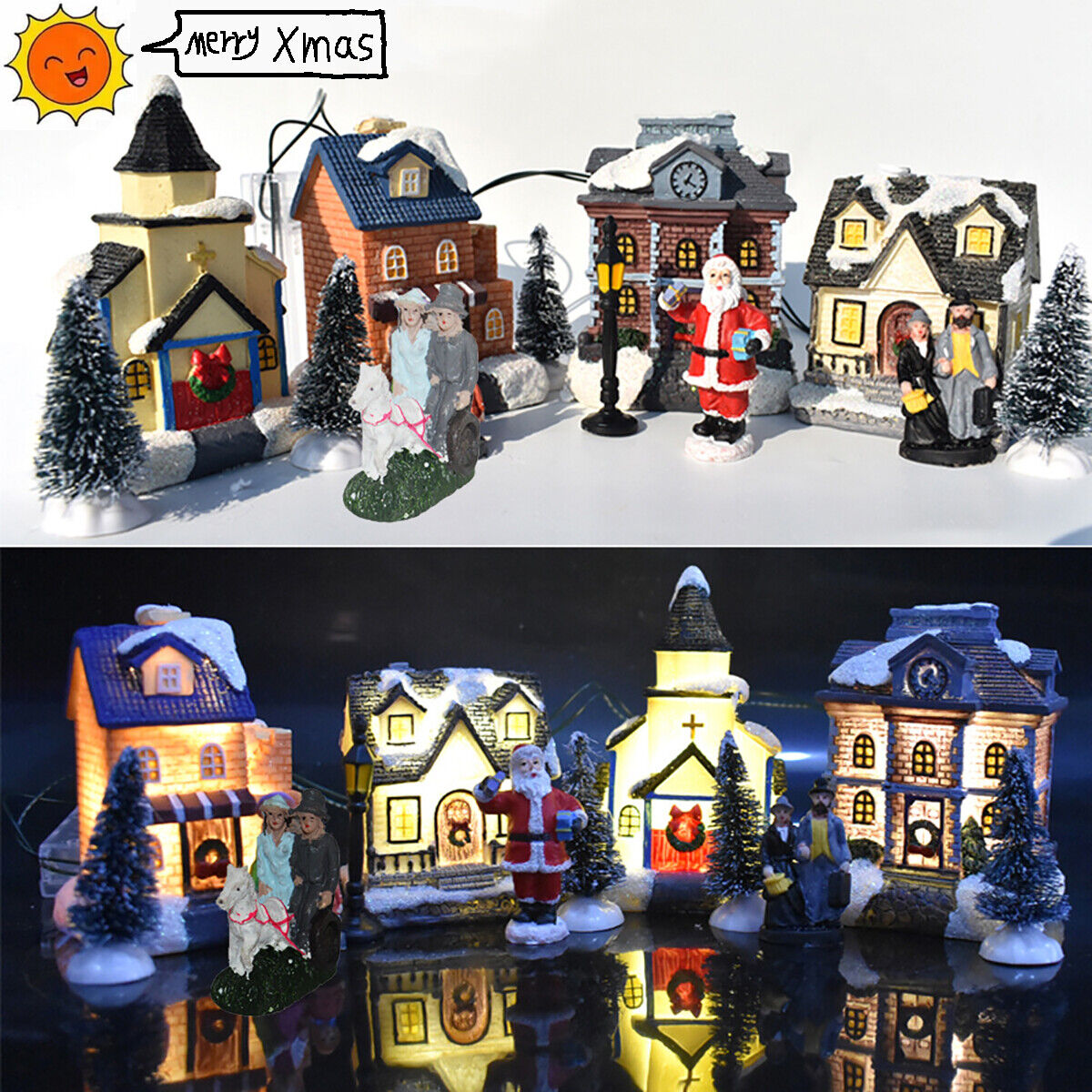 LED Christmas Village Houses Resin Ornaments Santa Claus Dollhouse Xmas Gift Set