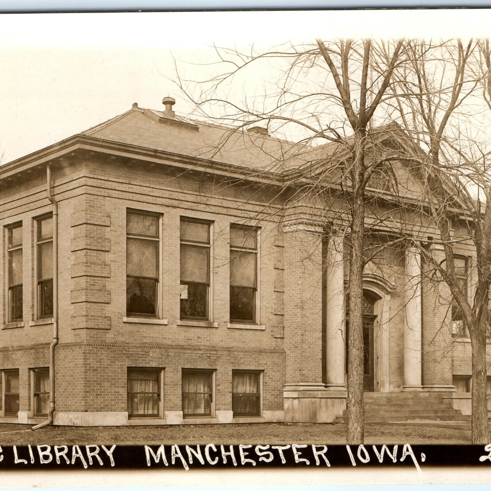 c1910s Manchester, IA RPPC Public Library Real Photo Roman Architecture A13