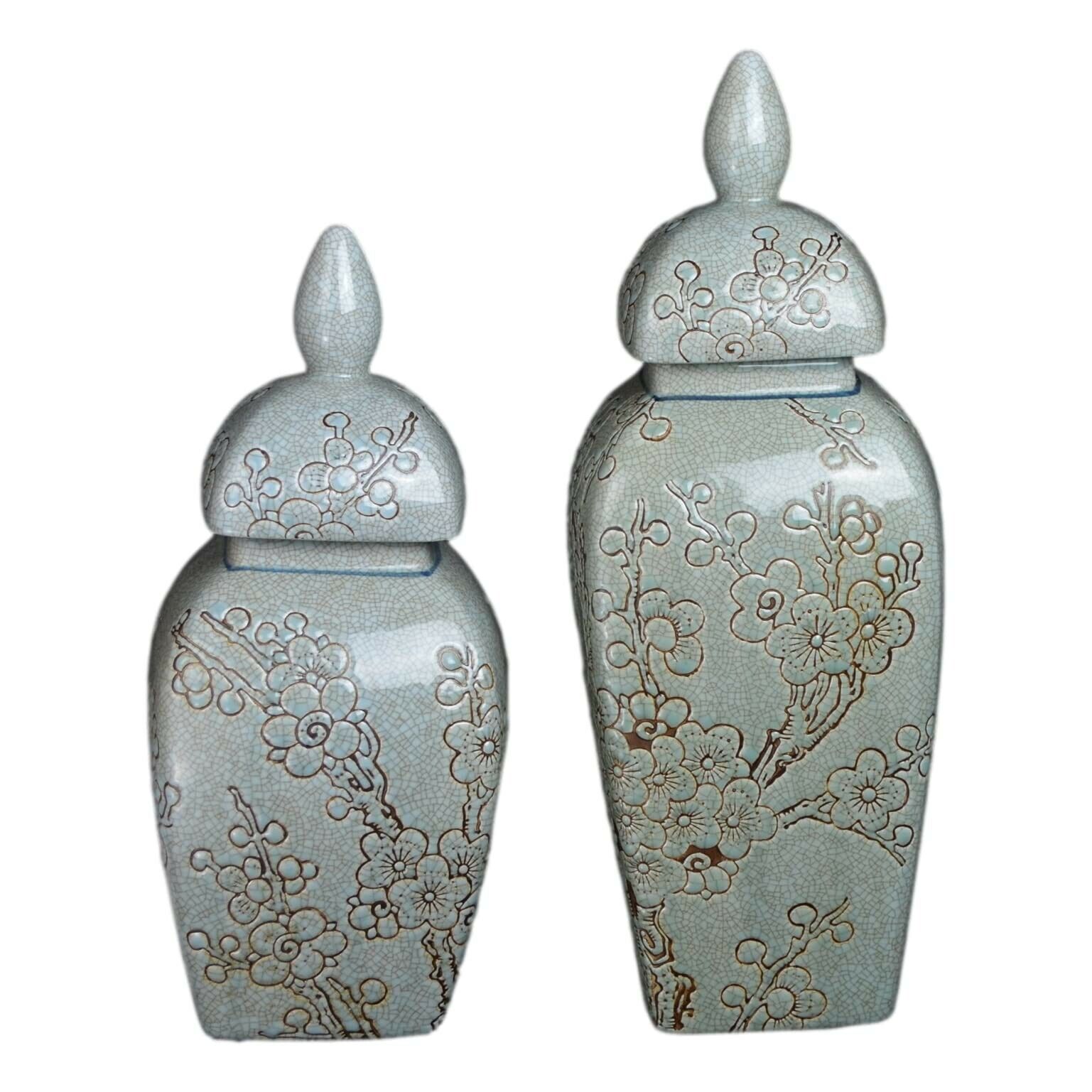 Set of 2 Classic Light Green Porcelain Floral Square Jars Vases, China Ming S...