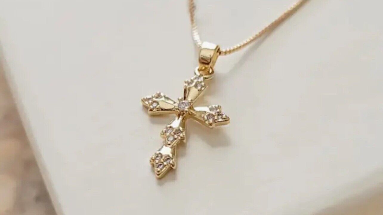 Gold Plated Cross With White Crystals New In Box