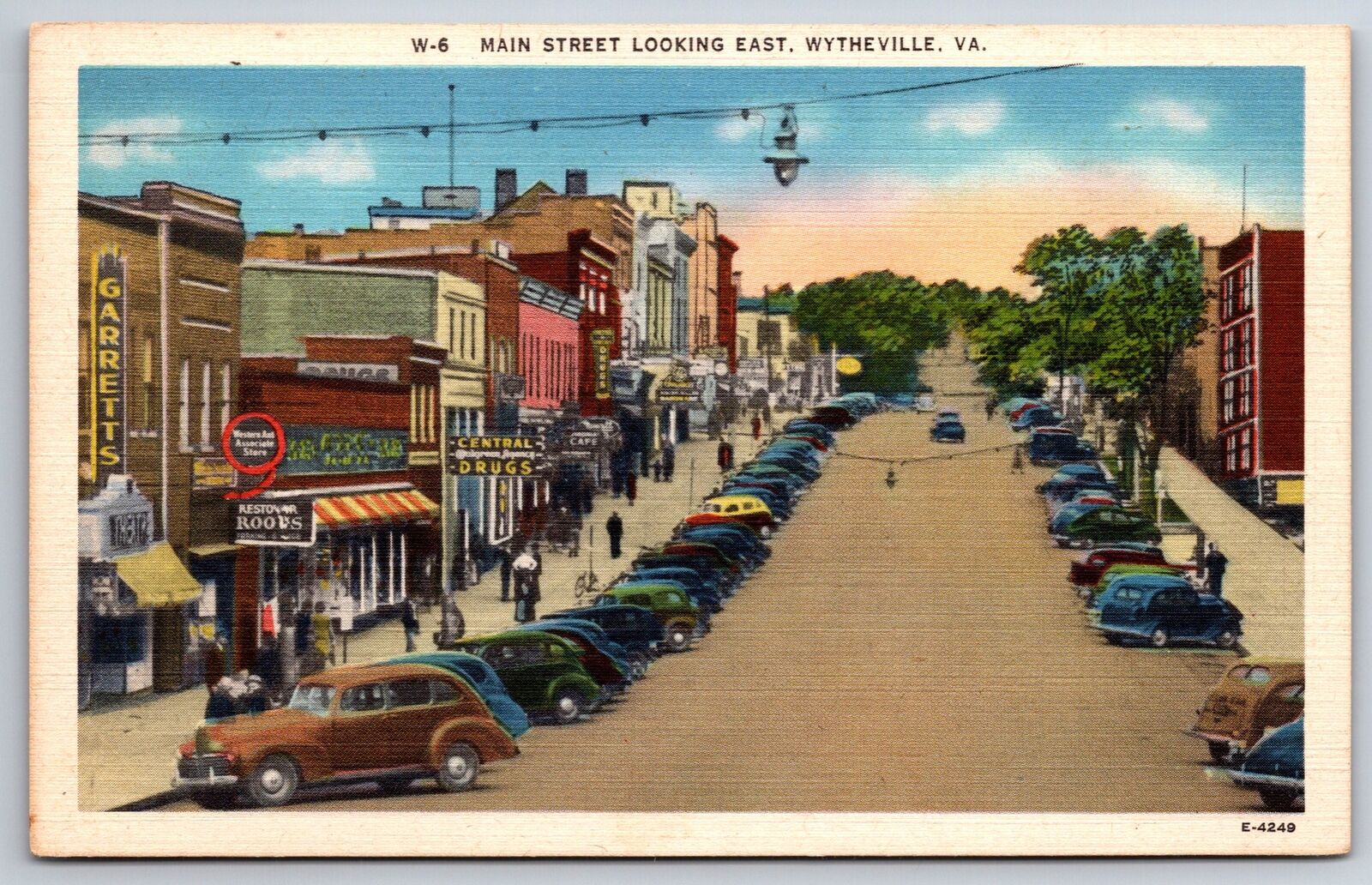 Wytheville Virginia~Main Street East~Garrett\'s~Linen Postcard