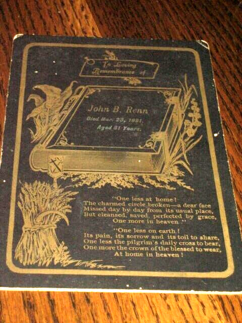 1891 Memorial Death Cabinet Card John Renn Loving Remembrance Bk & Gold