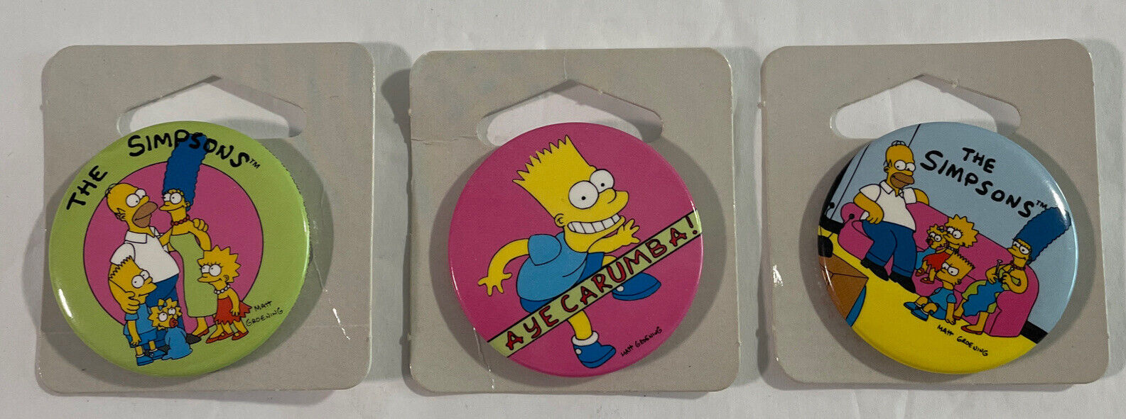 VTG 90s NOS The Simpsons 3 Button Set Homer Bart Marge Maggie Lisa Pins Pinbacks