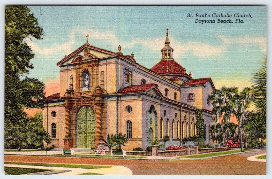ST PAUL\'S CATHOLIC CHURCH*DAYTONA BEACH FLORIDA*VINTAGE 1940-50\'s LINEN POSTCARD