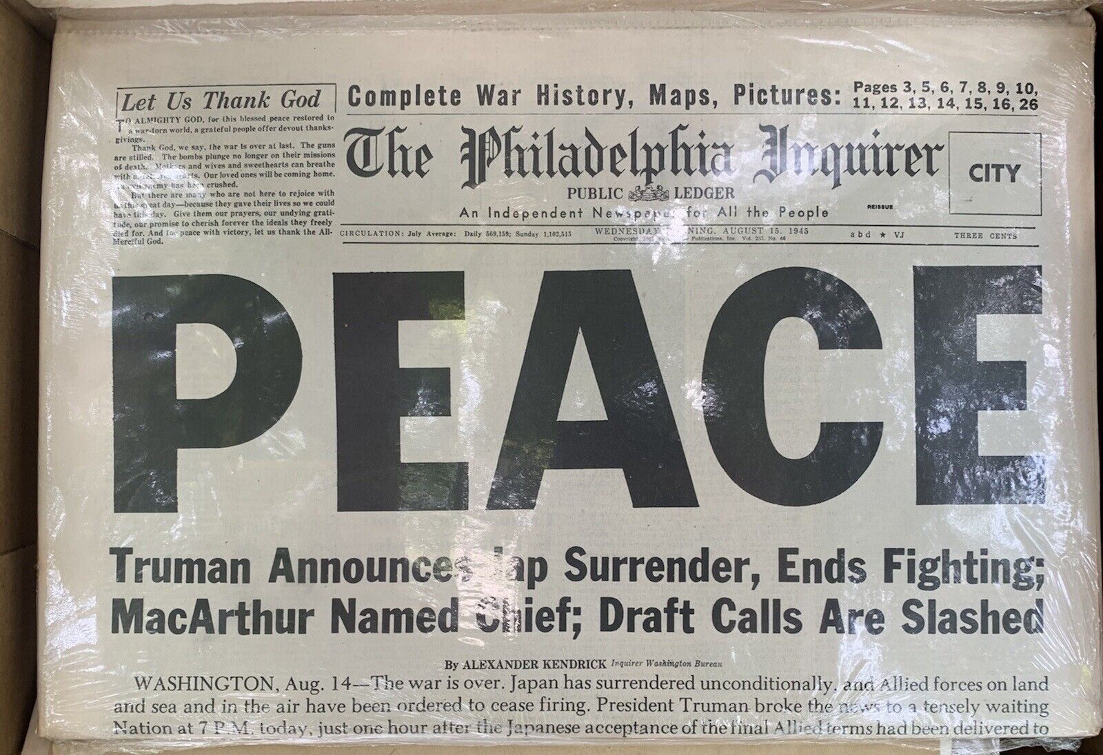Preserved In Seal-August 15,1945 Newsaper Peace Truman announces Japs surrender
