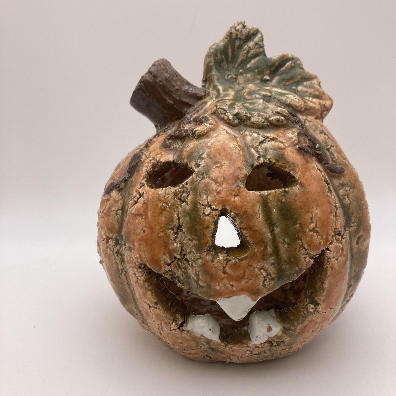 Jack O Lantern Pumpkin Heavy 6” Primitive Pottery Candle Holder