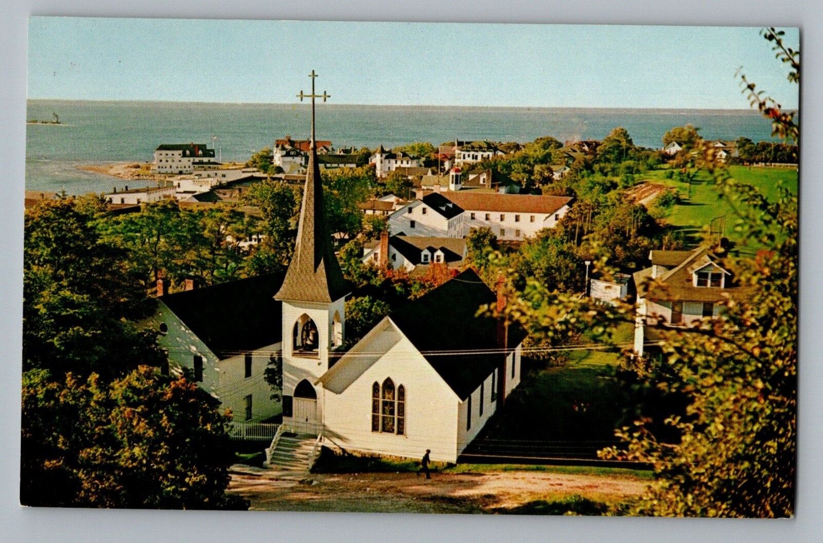 Mackinac Island Michigan MI Trinity Episcopal Church Aerial View Postcard 1960s