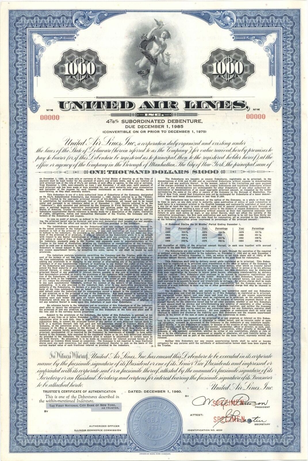United Air Lines, Inc. - $1,000 1960 dated Specimen Bond - Specimen Stocks & Bon