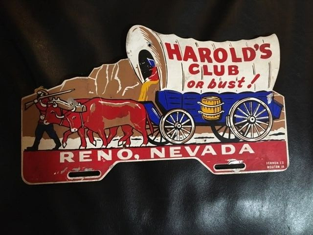 1950s Harold\'s Club Reno Die Cut Covered Wagon License Plate Topper
