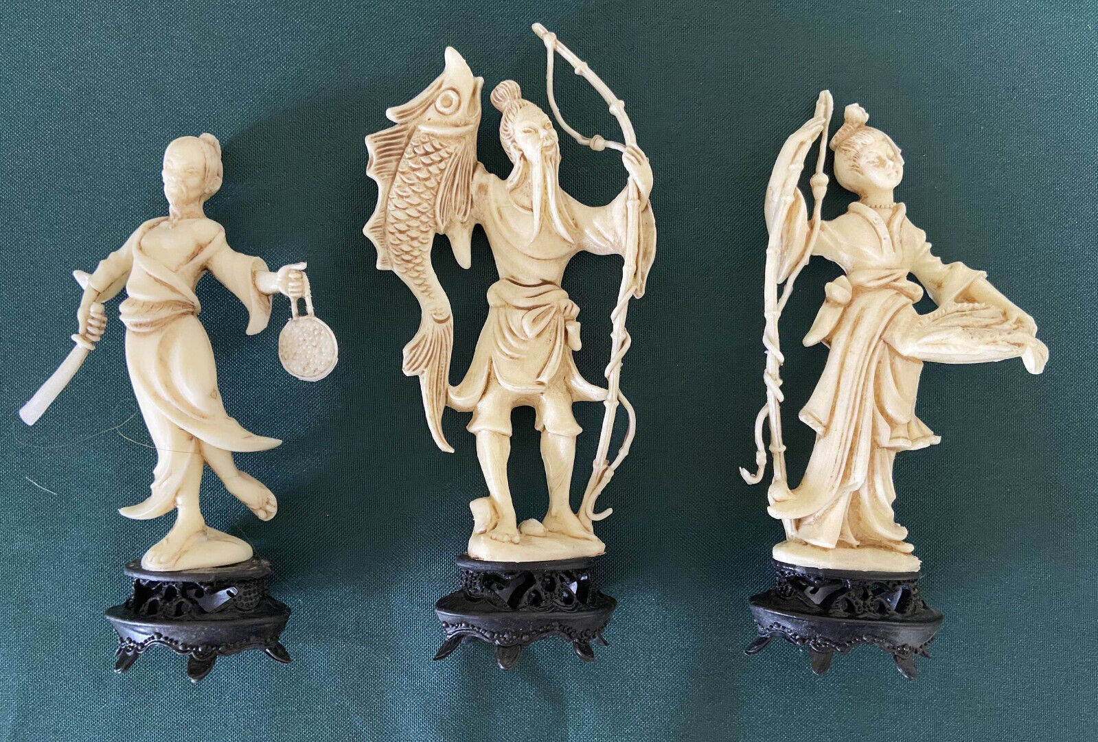 3 Japanese Figurines Made in Italy Fisherman & Woman Samurai Vintage White Resin