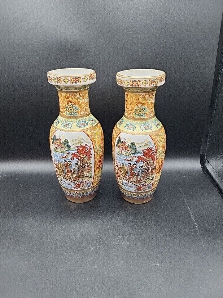 Vintage Pair Hand Painted Asian Landscape Vases 9 Inch