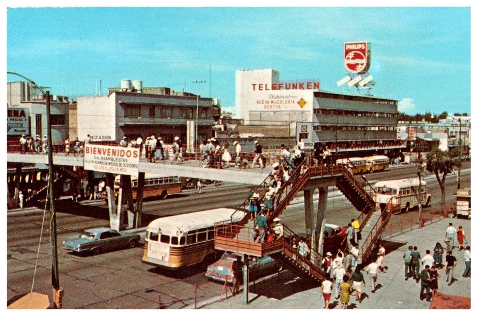 Postcard Downtown Guadalajara Mexico pedestrian bridge over busy thoroughfare