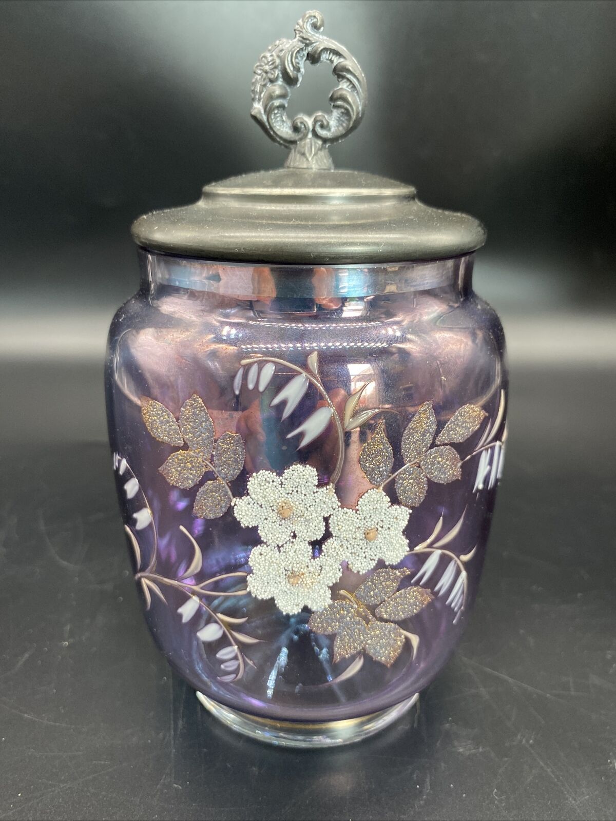 vtg. purple iridescent hand-painted floral Coraline texture apothecary jar
