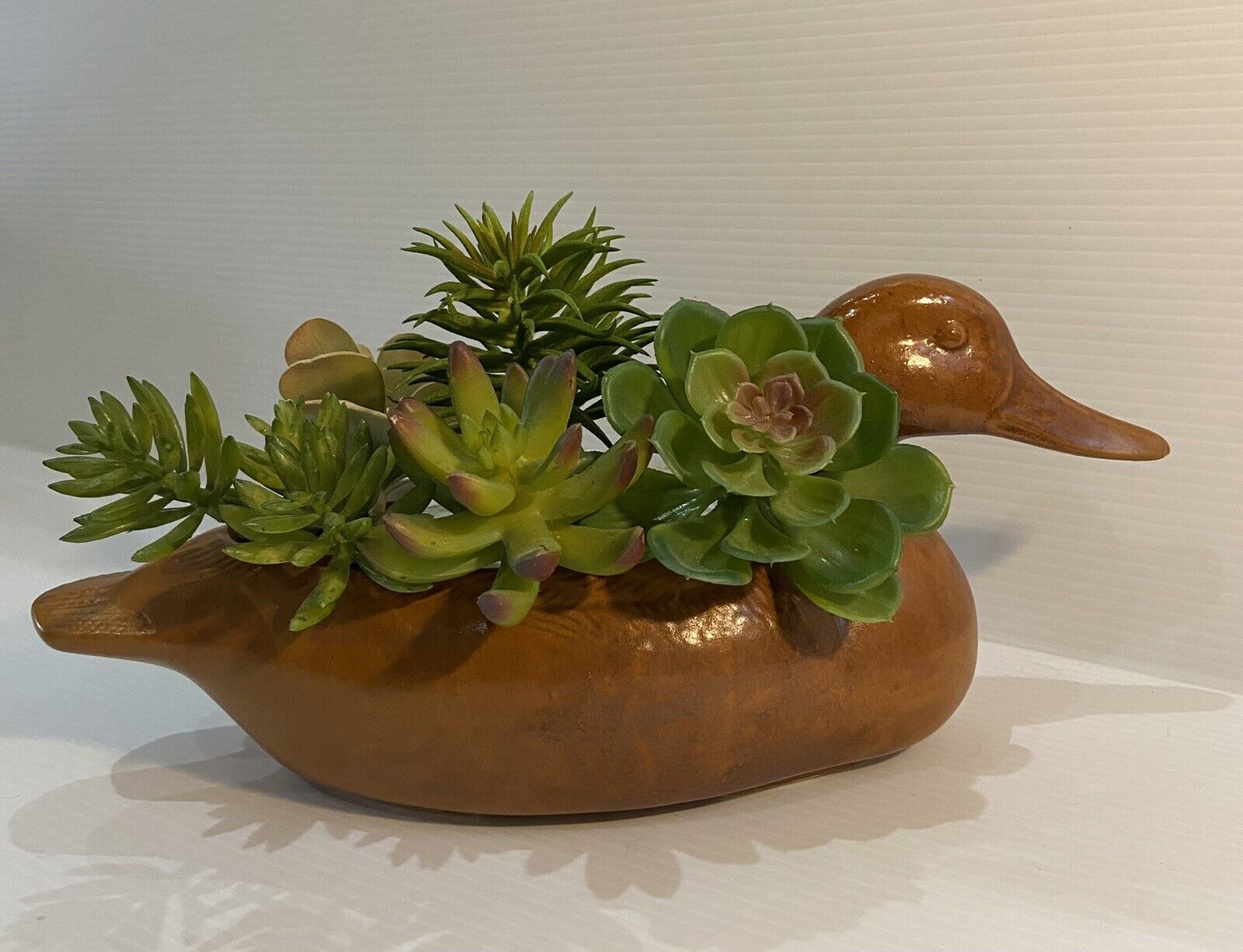 Large Vintage Brown Ceramic Pottery Duck Shaped Succulent Planter 13.5” Long