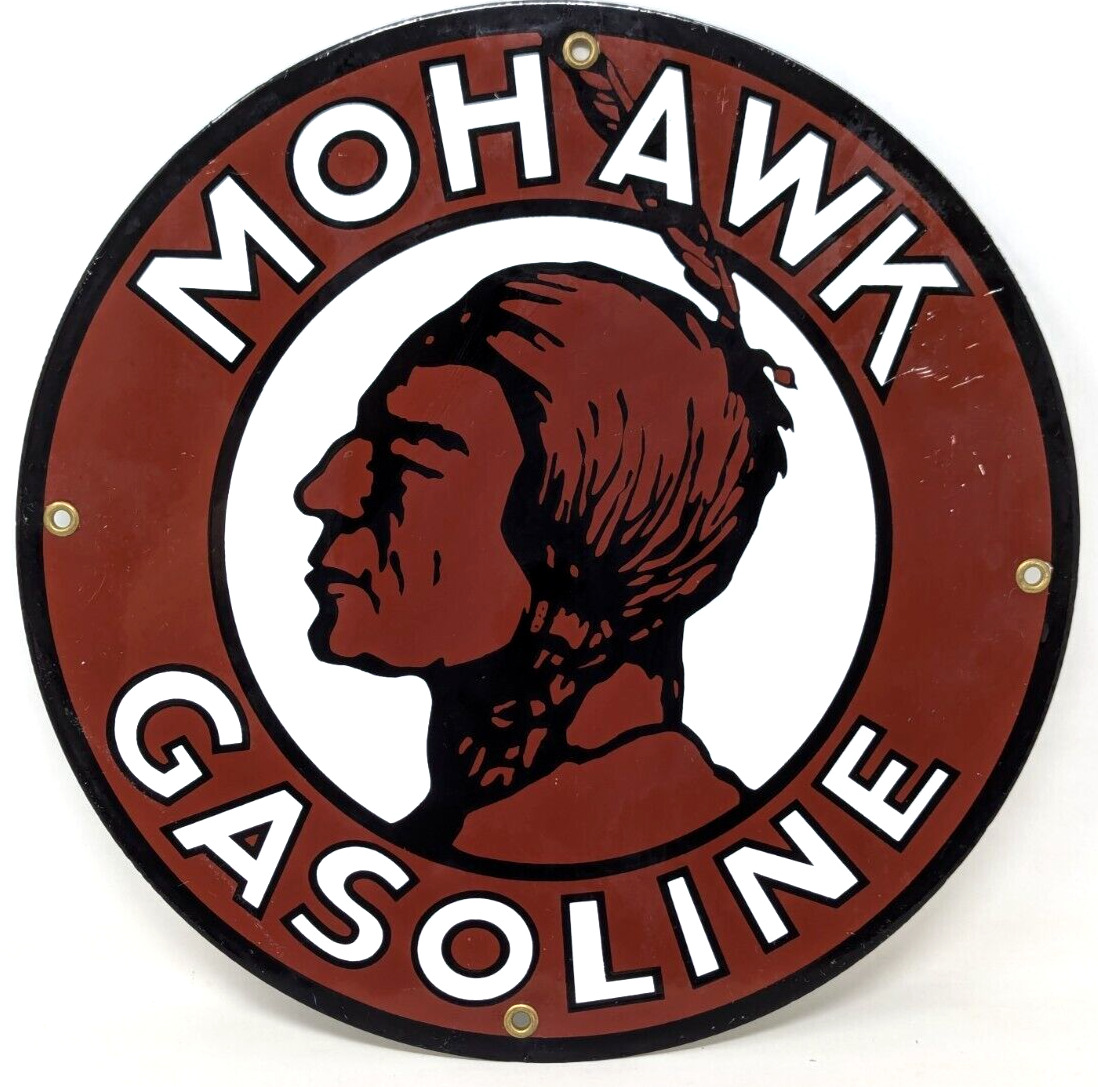 Runkel Bros Mohawk Gasoline Motor Oil Advertising Porcelain Enameled Sign DM24