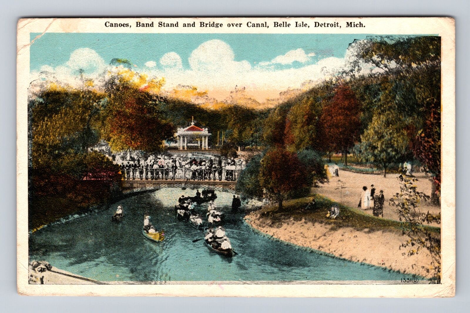 Detroit MI-Michigan, Belle Isle, Bridge over Canal, Band Stand Vintage Postcard