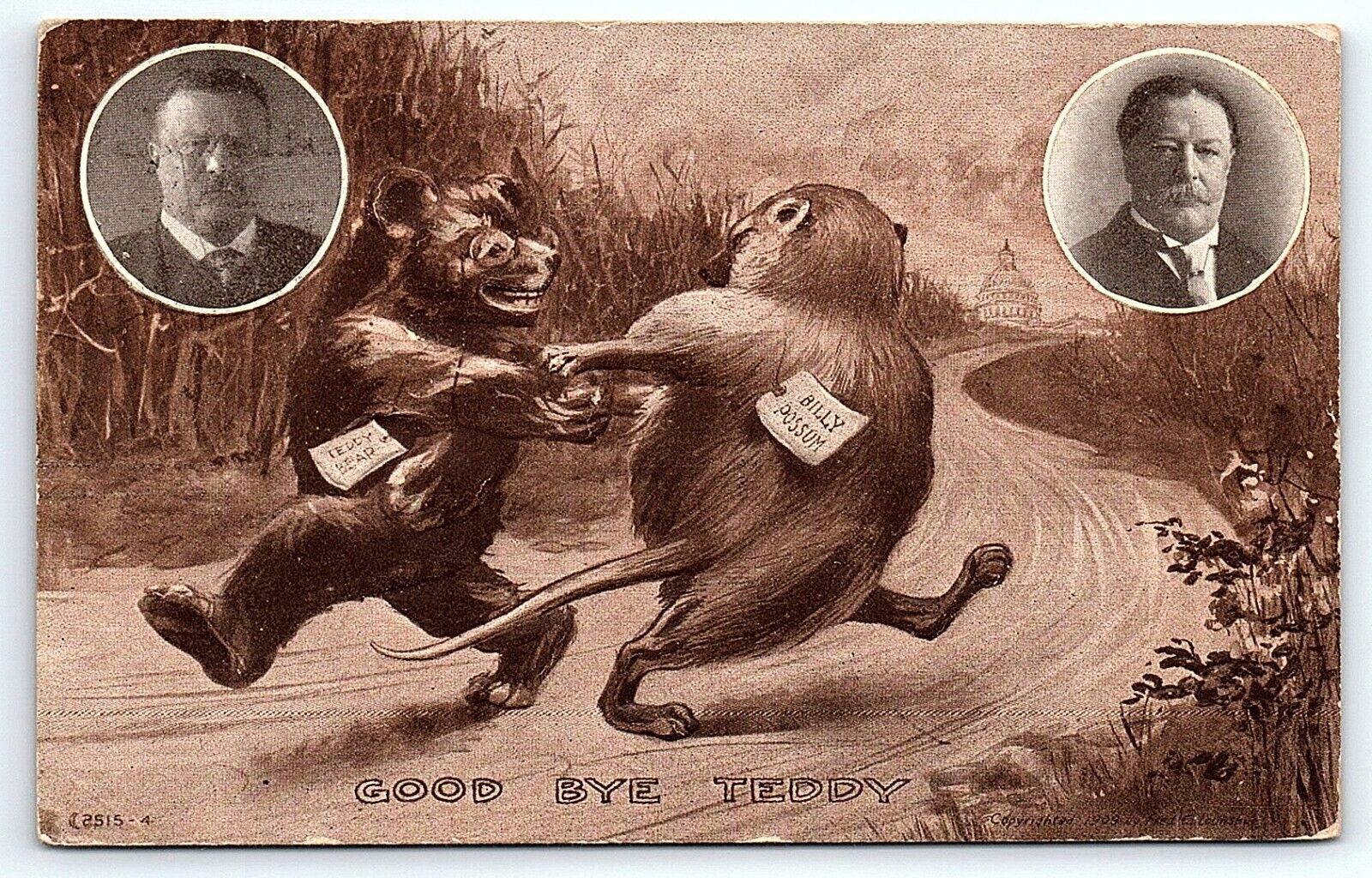 1909 Good Bye Teddy Hello Billy Possum Roosevelt vs Taft Political Postcard