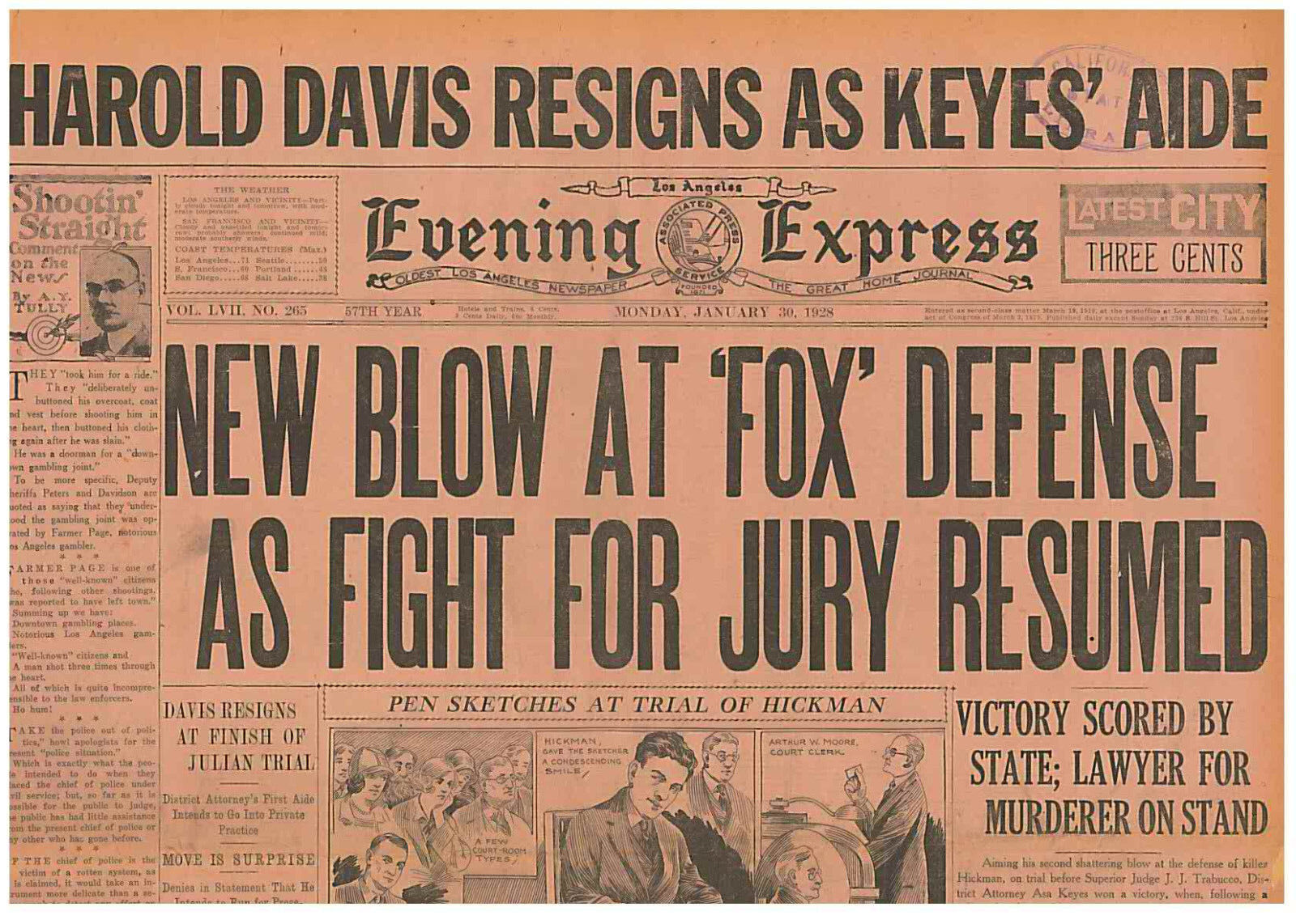 KILLER HICKMAN TRIAL FIGHT OVER JURY JANUARY 30 1928 CRIME NEWSPAPER 0302130WQ