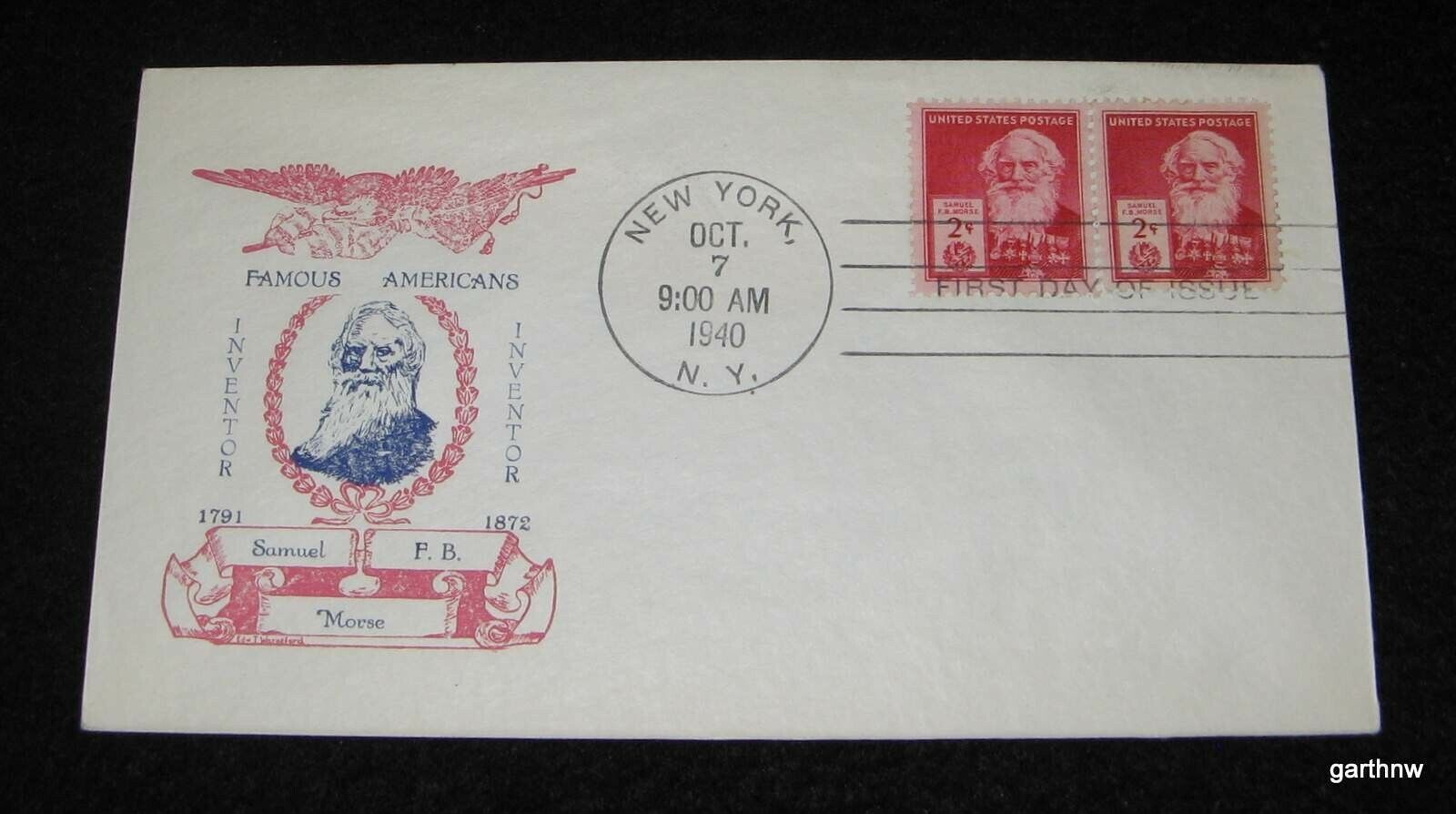 SAMUEL F.B. MORSE 1940 FIRST DAY COVER TELEGRAPH INVENTOR * NEW YORK 2 STAMPS