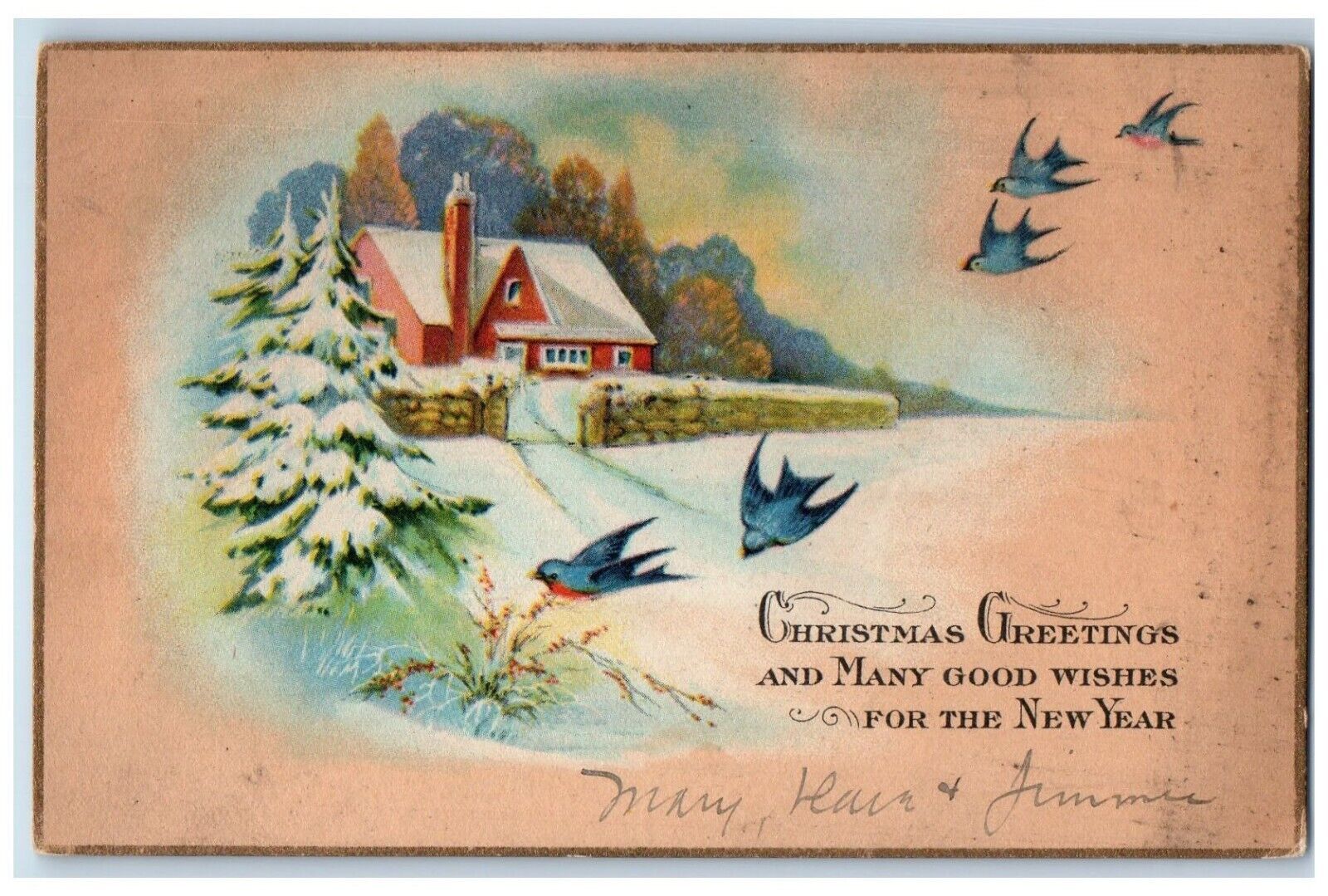 1927 Christmas Greetings Pine Tree Covered Snow Winter Birds Antique Postcard