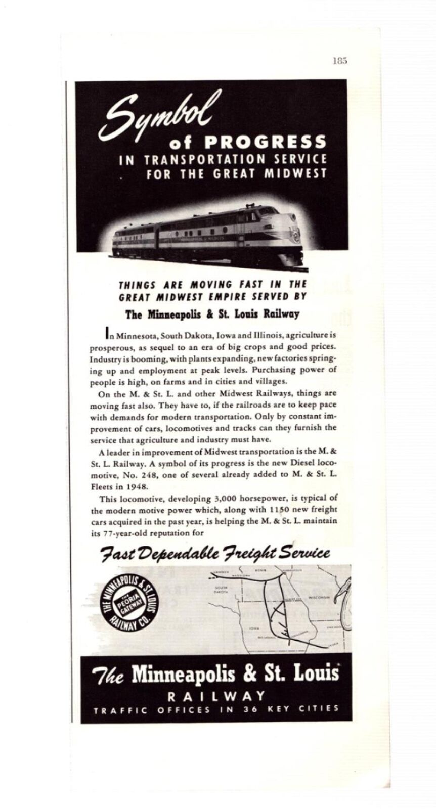 Vtg Print Ad 1948 Minneapolis & St. Louis Railway Midwest Railways Route Map
