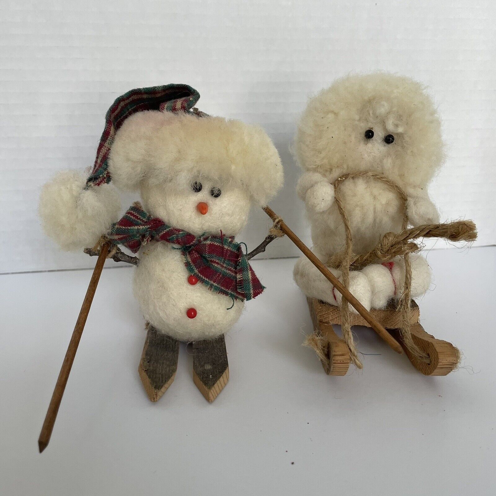 Wooly Snowman (set of 2) On Wooden Sled Ski Handmade Figurines Made In Minnesota