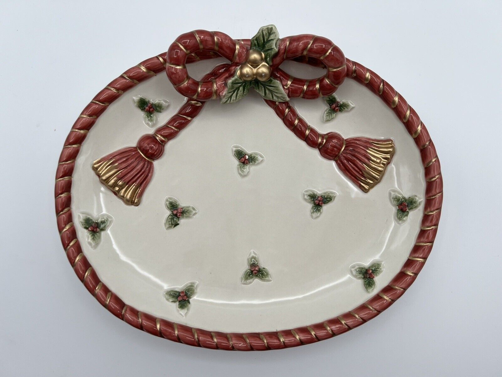 Vintage Fitz and Floyd Christmas 9.5” Serving Dish Ribbons Holly & Berries 1994