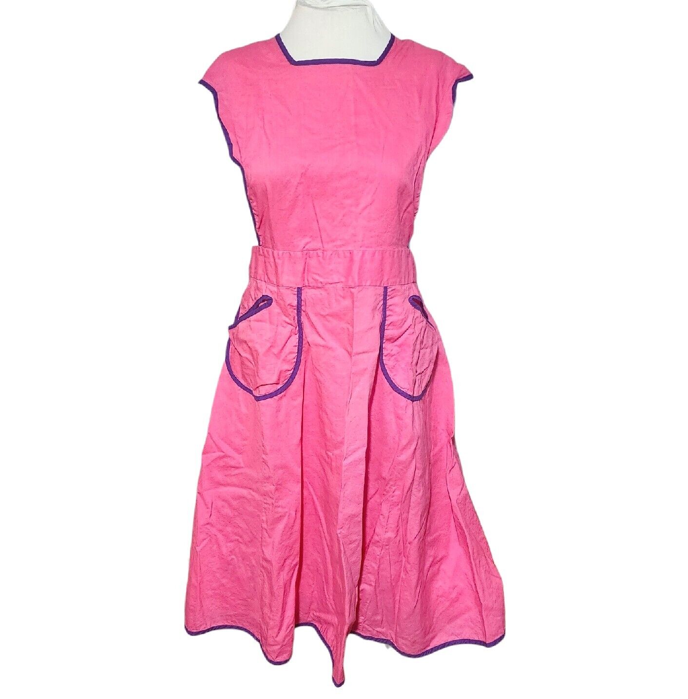 Vintage 1960s Apron Dress Pink Purple Full Length Tie Back Adjustable Retro 