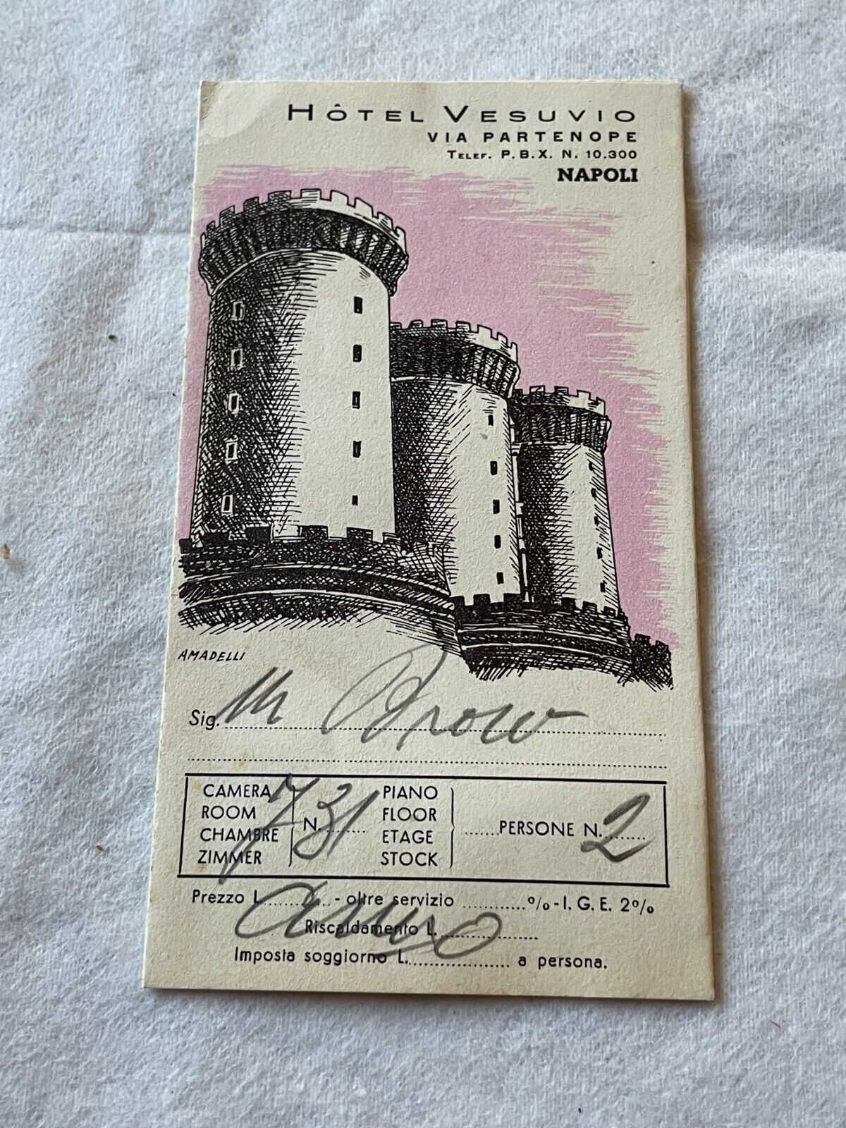 VINTAGE 1952 HOTEL VESUVIO NAPOLI ITALY ROOM 731 BROCHURE MAP