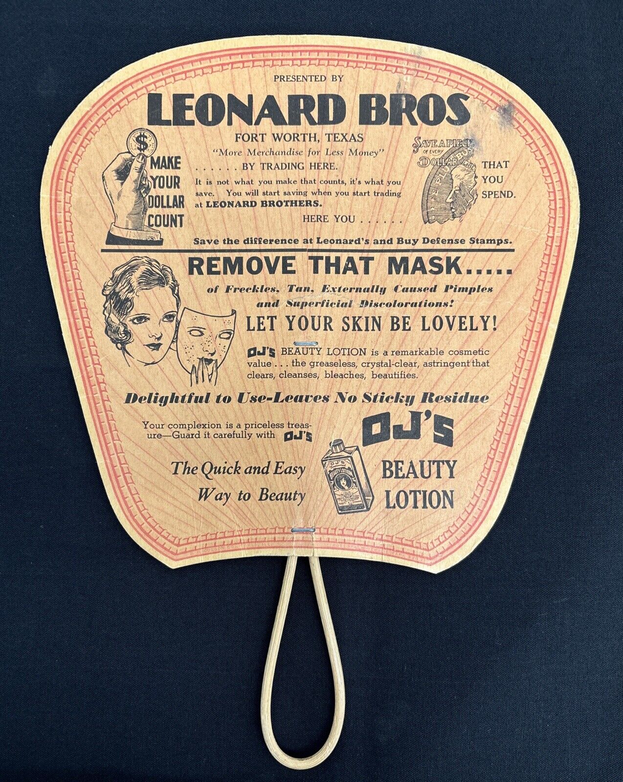 Vintage 1940s Leonard Brothers Advertising Paper Fan Fort Worth Texas Drugstore