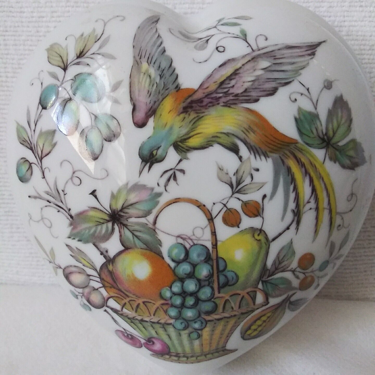 Vintage Porcelain Heart Shaped Trinket Box Castel Limoges France Bird Basket