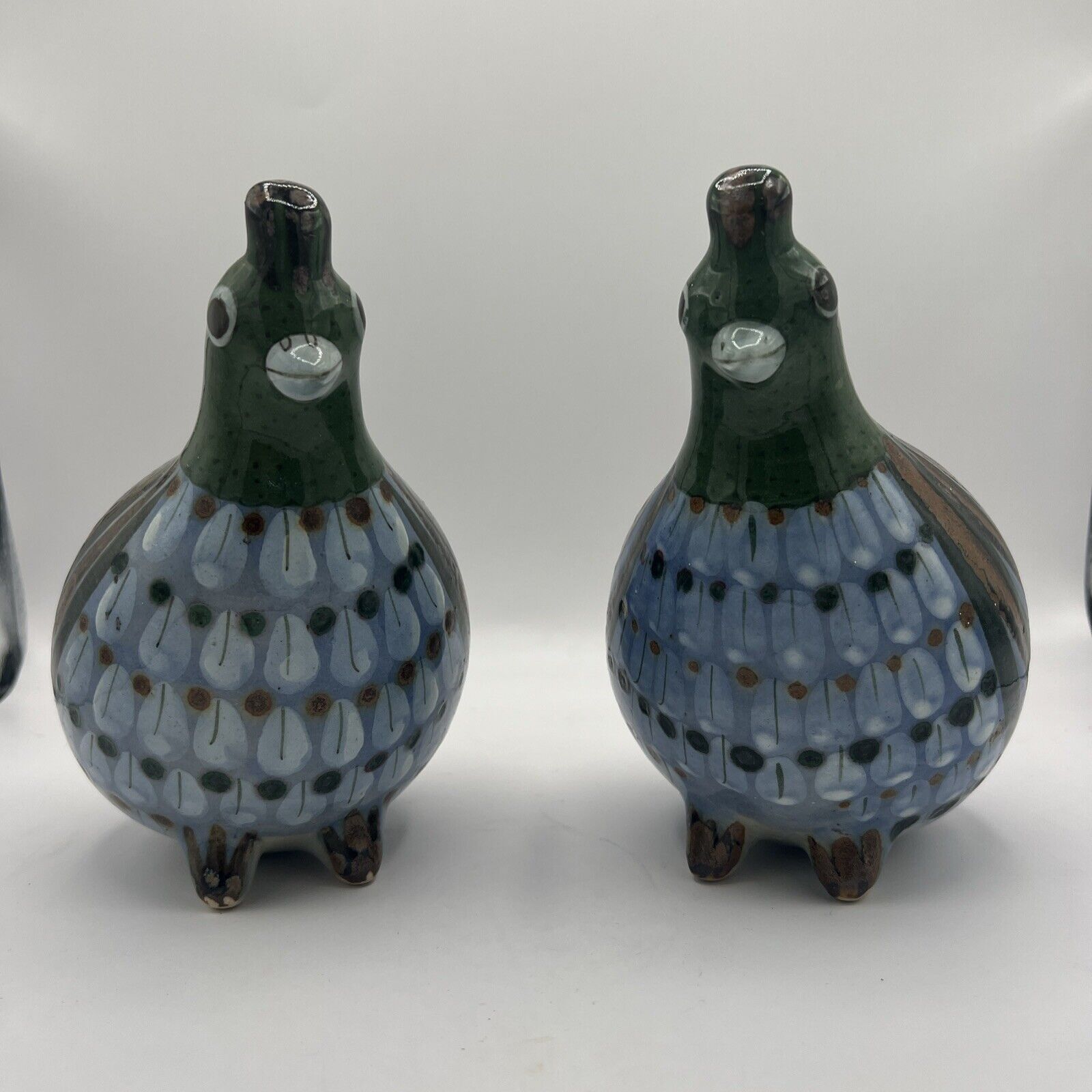 Ken Edwards Pottery Quail 7” Tall Hand Painted Signed Mexico Pair