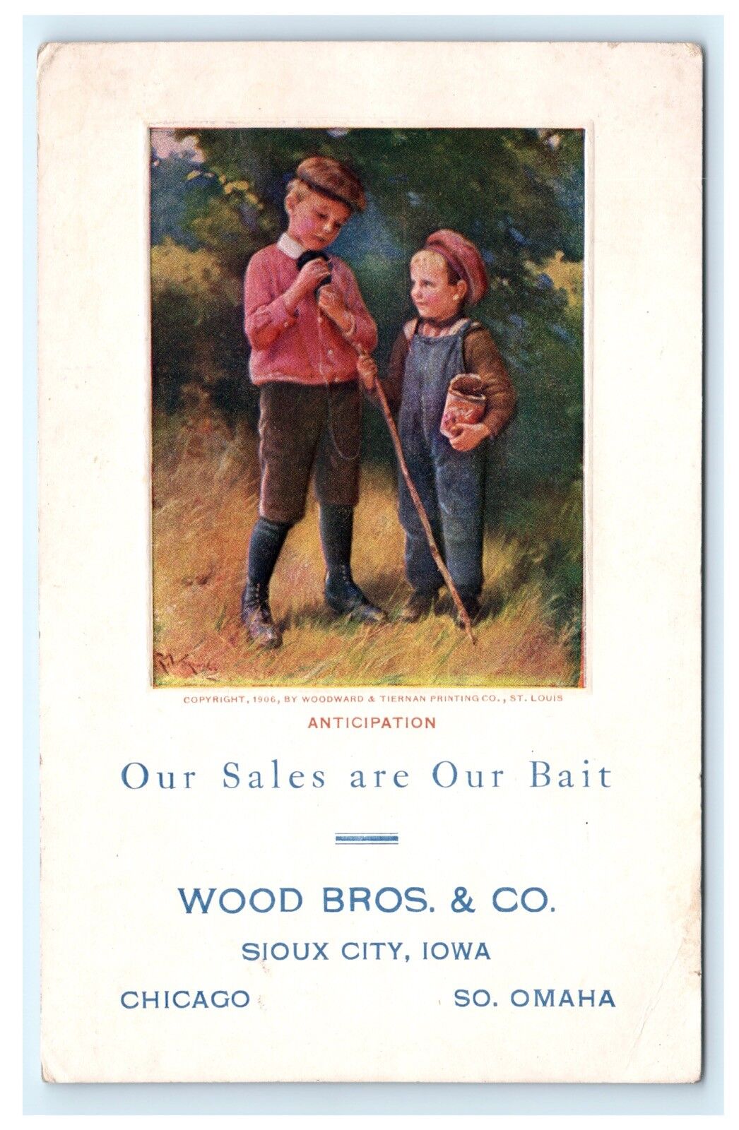 Wood Bros. & Co. Sioux City Iowa IA Embossed Advertising Postcard Fishing C10