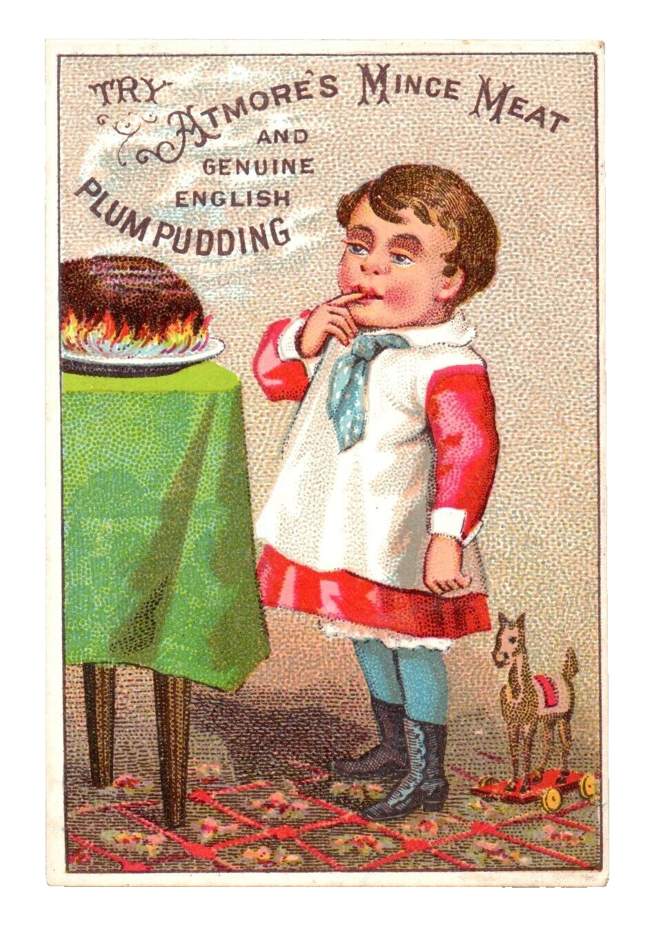 c1880 Atmore\'s Mince Meat Girl Smells Plum Pudding Trade Card Pull Toy Christmas