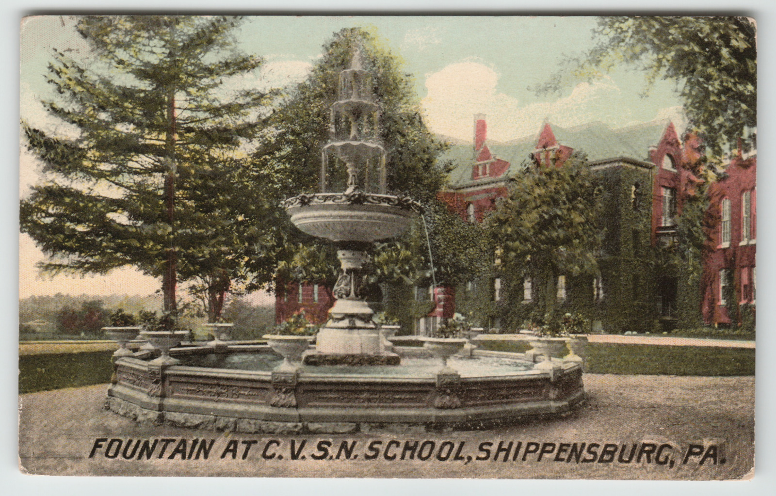 Postcard Cumberland Valley State Normal School Fountain in Shippensburg, PA