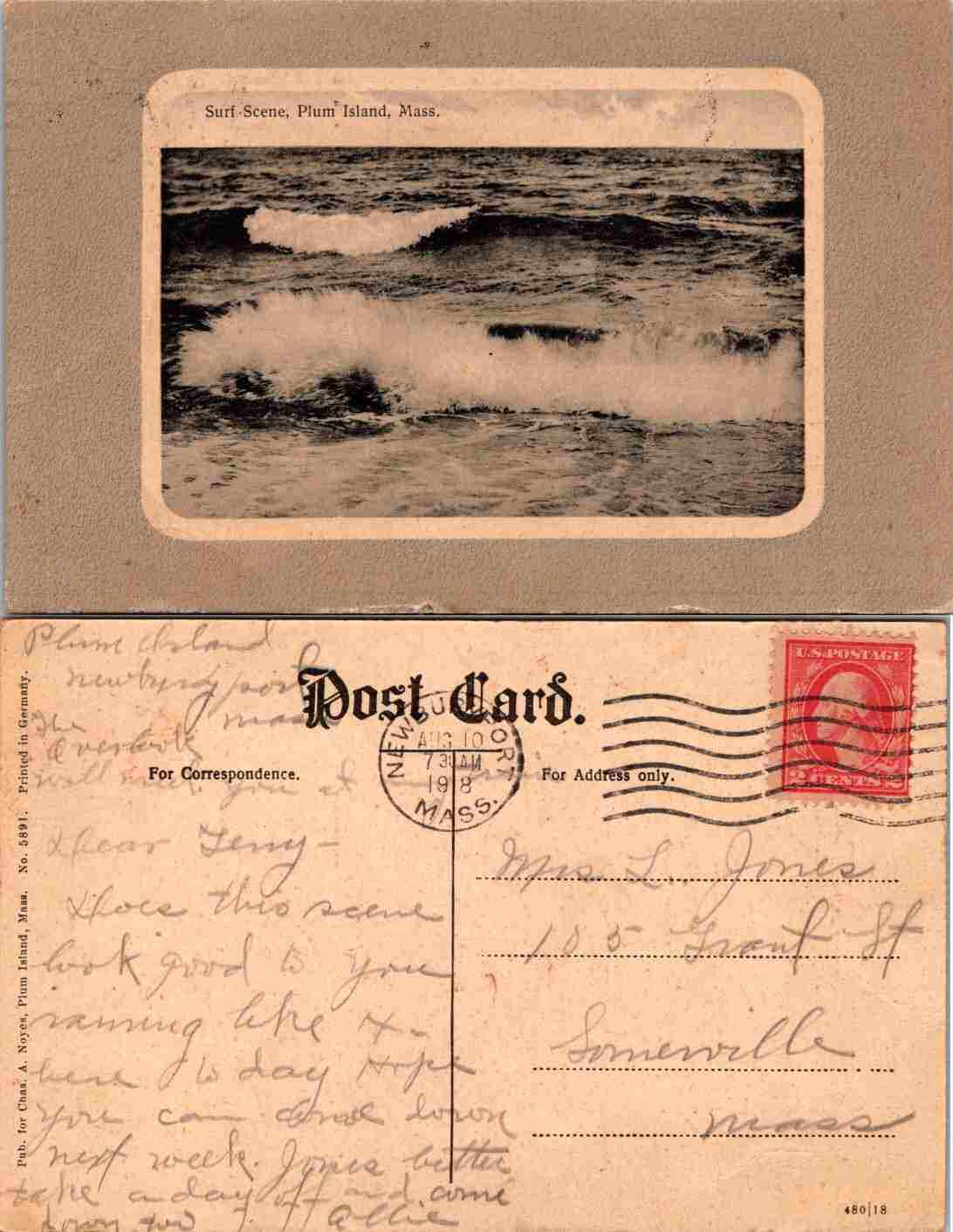 postcard - Atlantic Ocean Surf at Plum Island near Newburyport MA 1910
