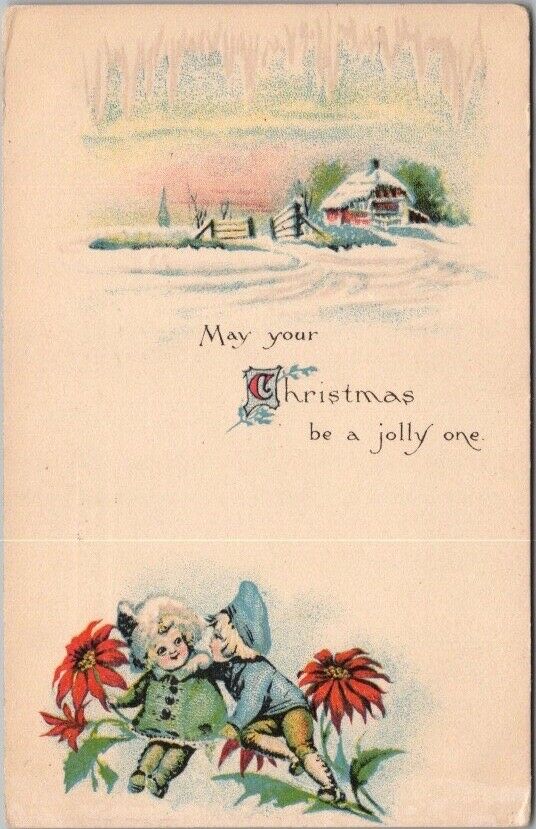 1916 CHRISTMAS Greetings Postcard Dutch Boy & Girl / Poinsettias / House Scene