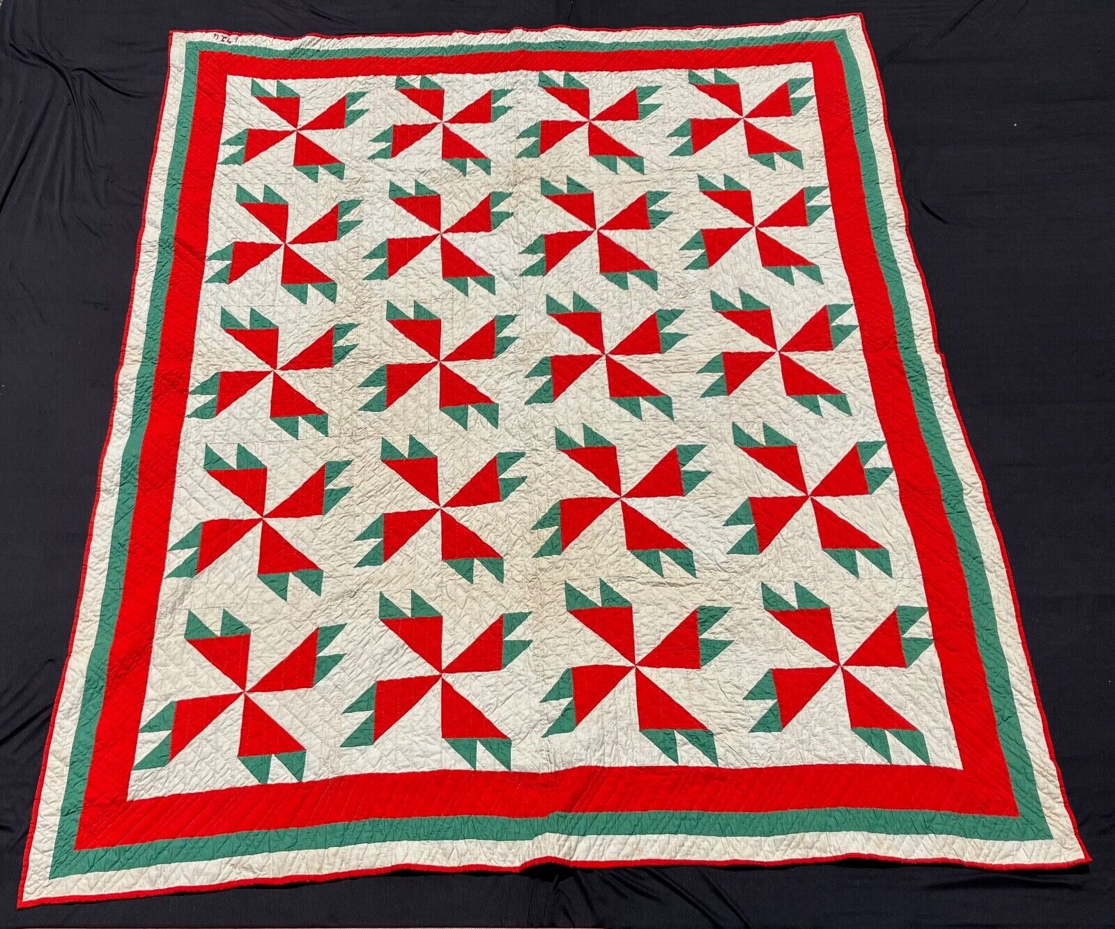 Dated 1924 Antique Christmas Flower Quilt Red Green and White