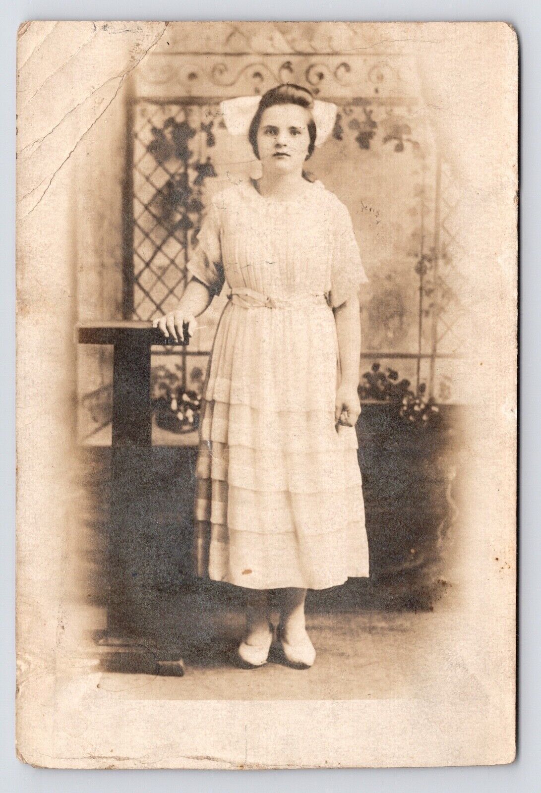 c1920s Girl With Large Bow White Dress Studio Portrait Photo RPPC Postcard