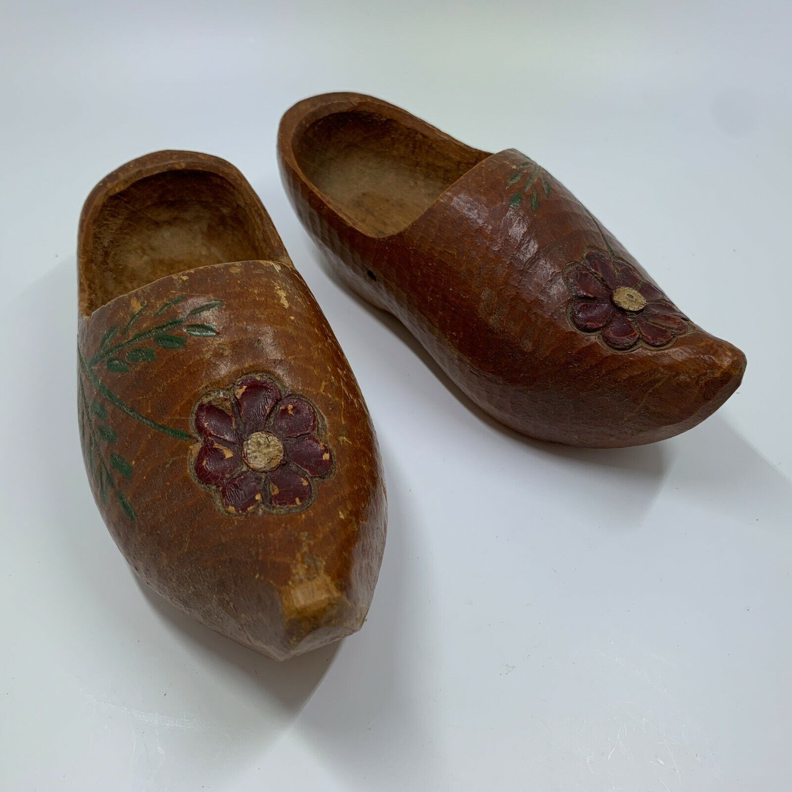 2 antique wooden souvenir clogs shoes Belgium hand made Primitive rustic carved