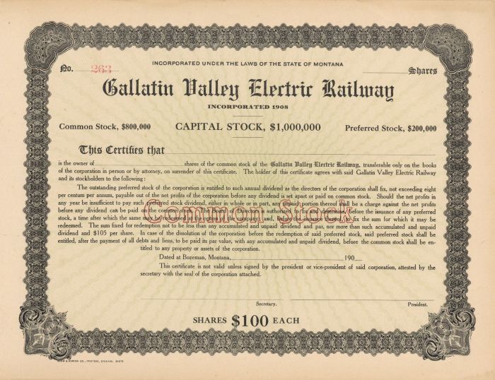 Gallatin Valley Electric Railway - Stock Certificate - Railroad Stocks