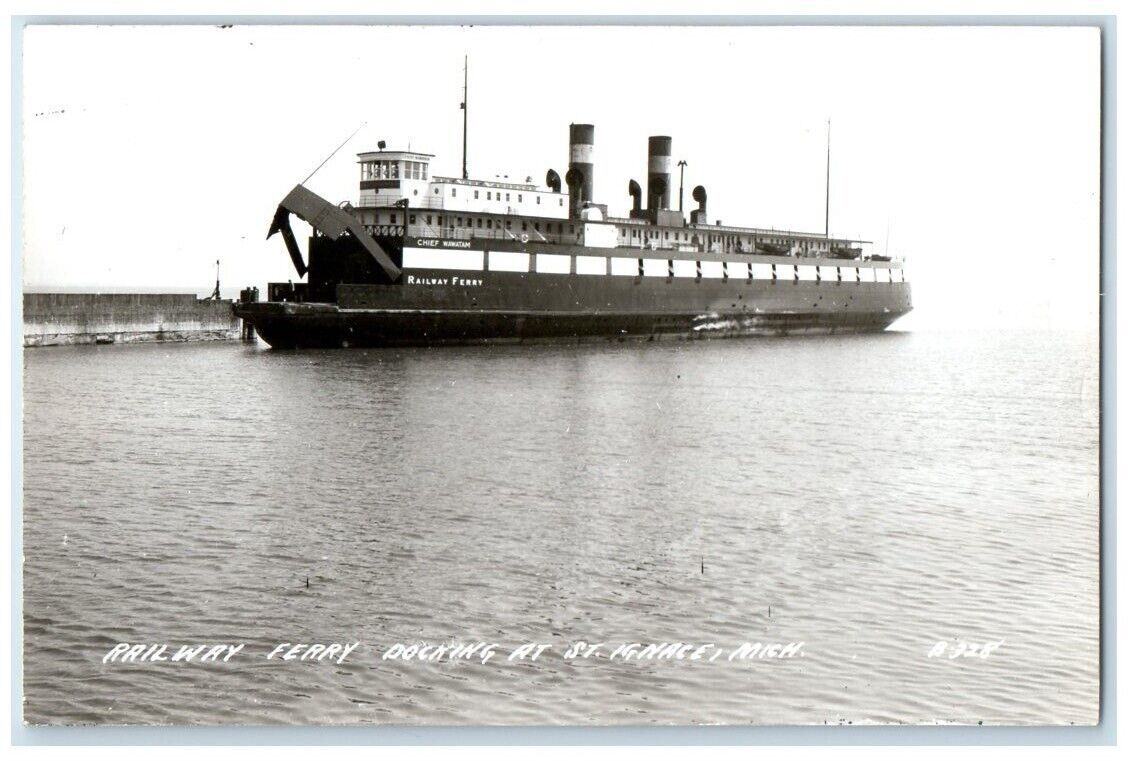 1940 Railway Ferry Steamer Docking St. Ignace MI Chief Ship RPPC Photo Postcard